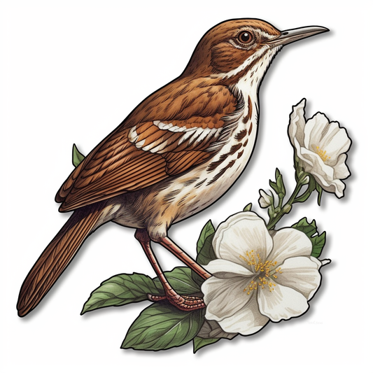 Georgia Brown Thrasher bird Cherokee Rose flower  Vinyl Decal Sticker for Car, Laptop, Tumbler and more # 008420