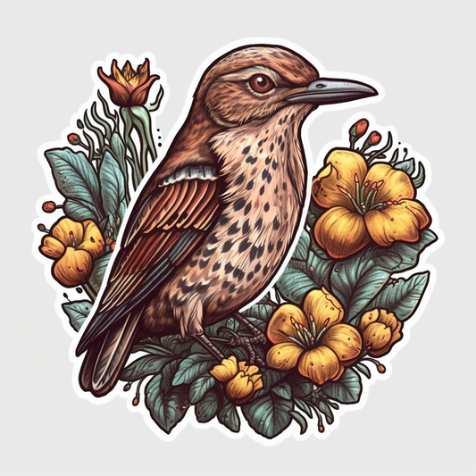 Georgia Brown Thrasher bird Cherokee Rose flower  Vinyl Decal Sticker for Car, Laptop, Tumbler and more # 008431