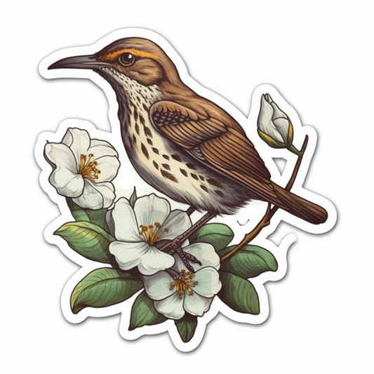 Georgia Brown Thrasher bird Cherokee Rose flower  Vinyl Decal Sticker for Car, Laptop, Tumbler and more # 008428