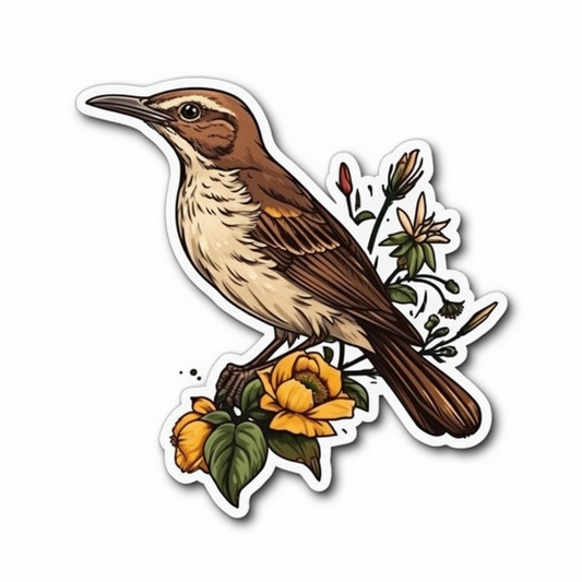 Georgia Brown Thrasher bird Cherokee Rose flower  Vinyl Decal Sticker for Car, Laptop, Tumbler and more # 008437
