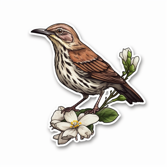 Georgia Brown Thrasher bird Cherokee Rose flower  Vinyl Decal Sticker for Car, Laptop, Tumbler and more # 008434