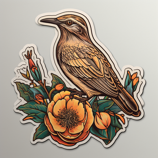 Georgia Brown Thrasher bird Cherokee Rose flower  Vinyl Decal Sticker for Car, Laptop, Tumbler and more # 008438