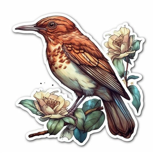 Georgia Brown Thrasher bird Cherokee Rose flower  Vinyl Decal Sticker for Car, Laptop, Tumbler and more # 008435