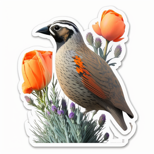 California Quail bird Poppy flower  Vinyl Decal Sticker for Car, Laptop, Tumbler and more # 008281