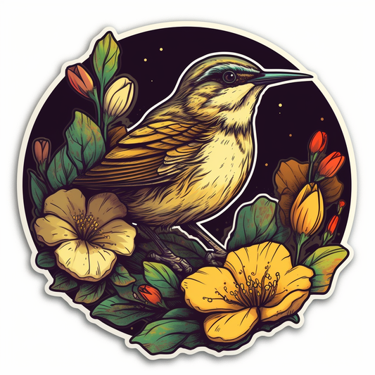 South Carolina Carolina Wren bird Yellow Jessamine flower  Vinyl Decal Sticker for Car, Laptop, Tumbler and more # 009263