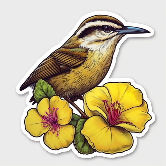 South Carolina Carolina Wren bird Yellow Jessamine flower  Vinyl Decal Sticker for Car, Laptop, Tumbler and more # 009209