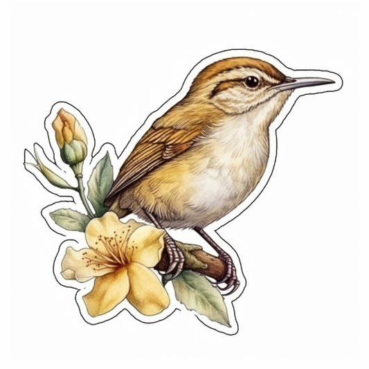 South Carolina Carolina Wren bird Yellow Jessamine flower  Vinyl Decal Sticker for Car, Laptop, Tumbler and more # 009193