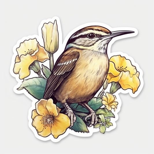 South Carolina Carolina Wren bird Yellow Jessamine flower  Vinyl Decal Sticker for Car, Laptop, Tumbler and more # 009234