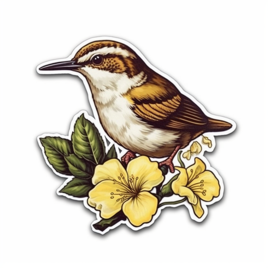 South Carolina Carolina Wren bird Yellow Jessamine flower  Vinyl Decal Sticker for Car, Laptop, Tumbler and more # 009160