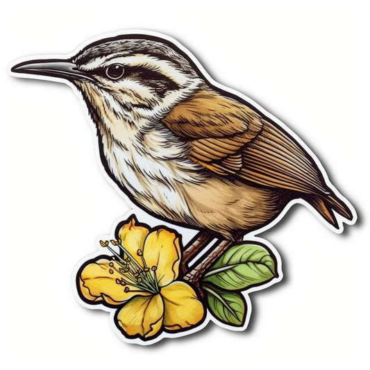 South Carolina Carolina Wren bird Yellow Jessamine flower  Vinyl Decal Sticker for Car, Laptop, Tumbler and more # 009186