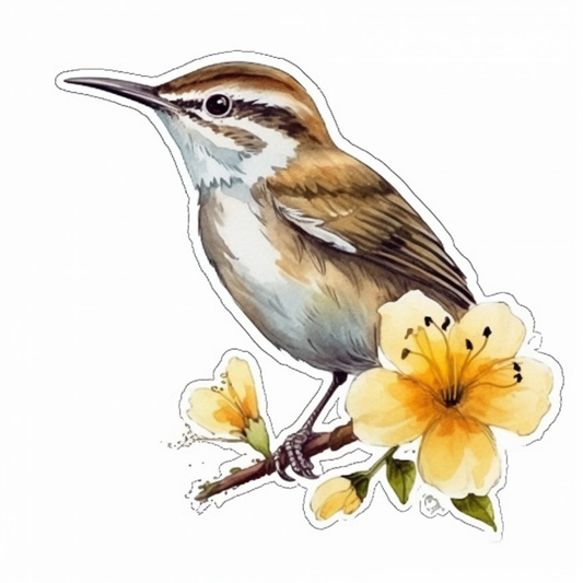 South Carolina Carolina Wren bird Yellow Jessamine flower  Vinyl Decal Sticker for Car, Laptop, Tumbler and more # 009217