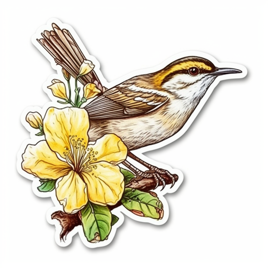 South Carolina Carolina Wren bird Yellow Jessamine flower  Vinyl Decal Sticker for Car, Laptop, Tumbler and more # 009262