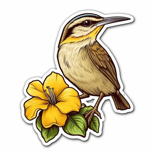 South Carolina Carolina Wren bird Yellow Jessamine flower  Vinyl Decal Sticker for Car, Laptop, Tumbler and more # 009171