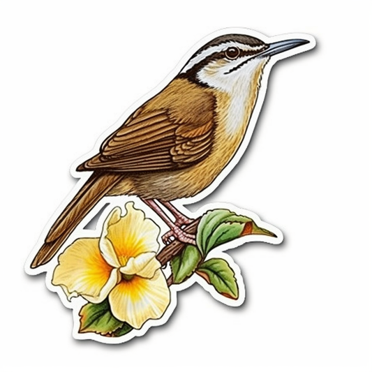South Carolina Carolina Wren bird Yellow Jessamine flower  Vinyl Decal Sticker for Car, Laptop, Tumbler and more # 009144