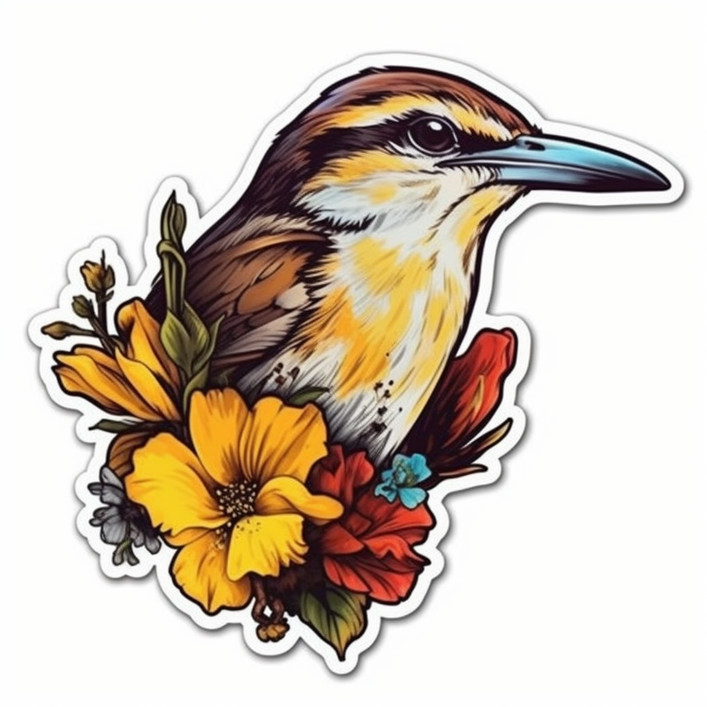 South Carolina Carolina Wren bird Yellow Jessamine flower  Vinyl Decal Sticker for Car, Laptop, Tumbler and more # 009245