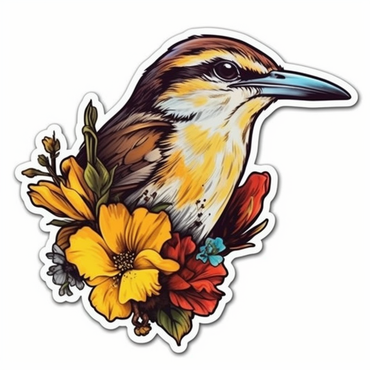 South Carolina Carolina Wren bird Yellow Jessamine flower  Vinyl Decal Sticker for Car, Laptop, Tumbler and more # 009245