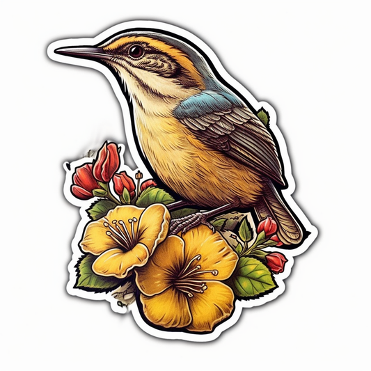 South Carolina Carolina Wren bird Yellow Jessamine flower  Vinyl Decal Sticker for Car, Laptop, Tumbler and more # 009271