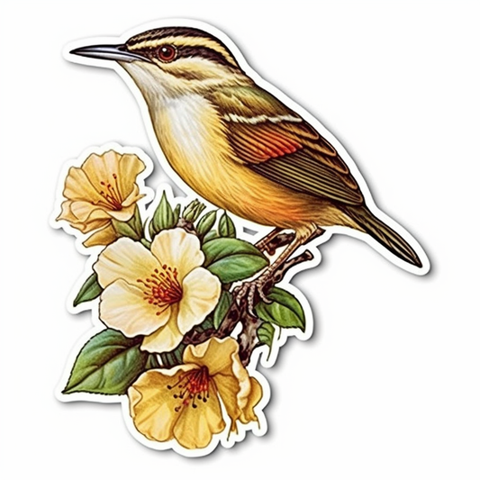 South Carolina Carolina Wren bird Yellow Jessamine flower  Vinyl Decal Sticker for Car, Laptop, Tumbler and more # 009219