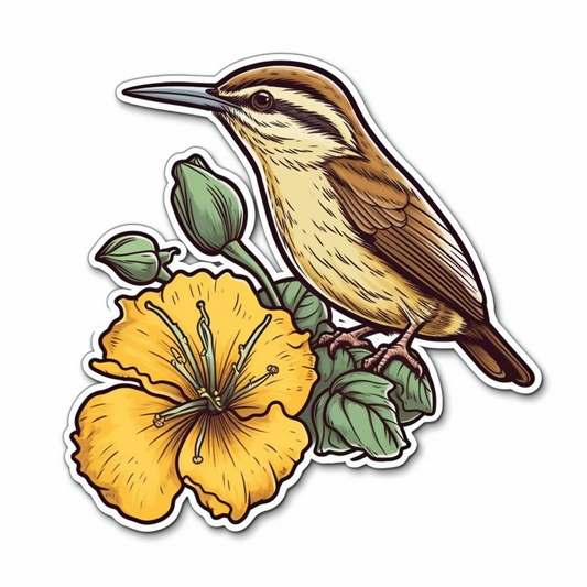 South Carolina Carolina Wren bird Yellow Jessamine flower  Vinyl Decal Sticker for Car, Laptop, Tumbler and more # 009279