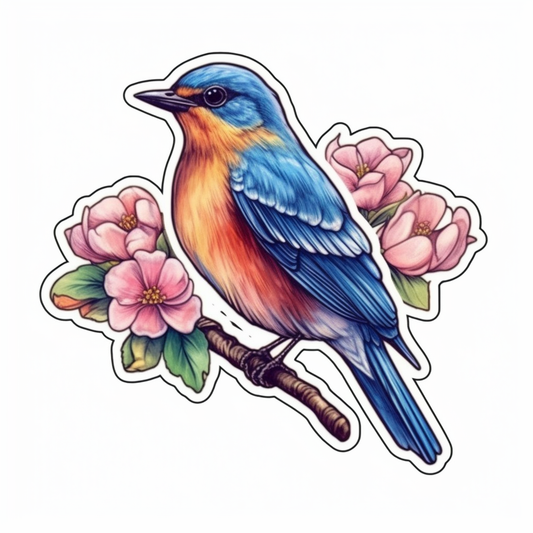 Missouri Eastern Bluebird bird Hawthorn flower  Vinyl Decal Sticker for Car, Laptop, Tumbler and more # 008819