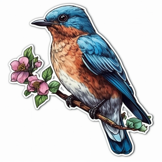 Missouri Eastern Bluebird bird Hawthorn flower  Vinyl Decal Sticker for Car, Laptop, Tumbler and more # 008808