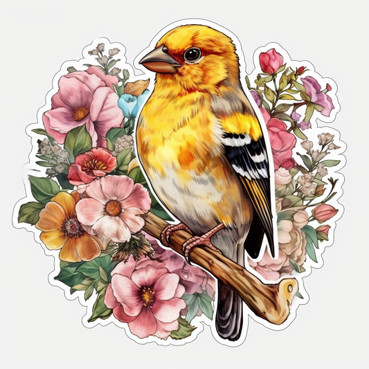 Iowa Eastern Goldfinch bird Wild Prairie Rose flower  Vinyl Decal Sticker for Car, Laptop, Tumbler and more # 008543
