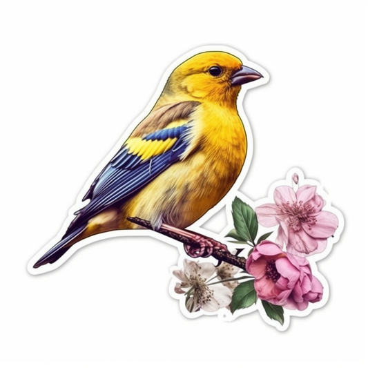 Iowa Eastern Goldfinch bird Wild Prairie Rose flower  Vinyl Decal Sticker for Car, Laptop, Tumbler and more # 008552