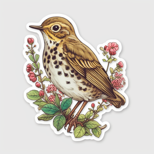 Vermont Hermit Thrush bird Red Clover flower  Vinyl Decal Sticker for Car, Laptop, Tumbler and more # 009774