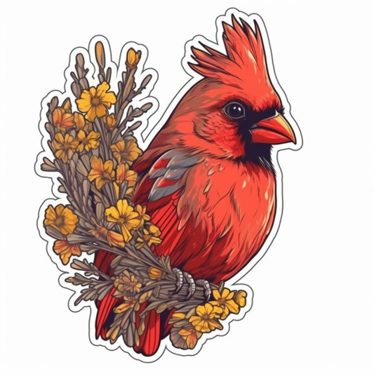 Kentucky Northern Cardinal bird Goldenrod flower  Vinyl Decal Sticker for Car, Laptop, Tumbler and more # 008593
