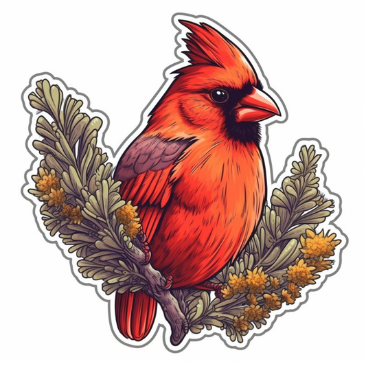 Kentucky Northern Cardinal bird Goldenrod flower  Vinyl Decal Sticker for Car, Laptop, Tumbler and more # 008586