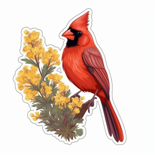 Kentucky Northern Cardinal bird Goldenrod flower  Vinyl Decal Sticker for Car, Laptop, Tumbler and more # 008576