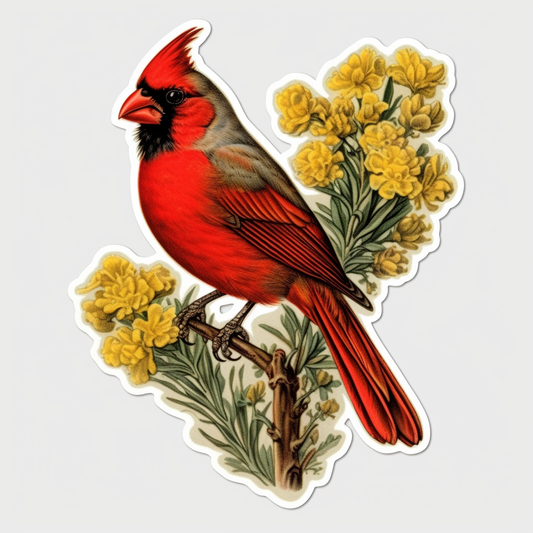 Kentucky Northern Cardinal bird Goldenrod flower  Vinyl Decal Sticker for Car, Laptop, Tumbler and more # 008585