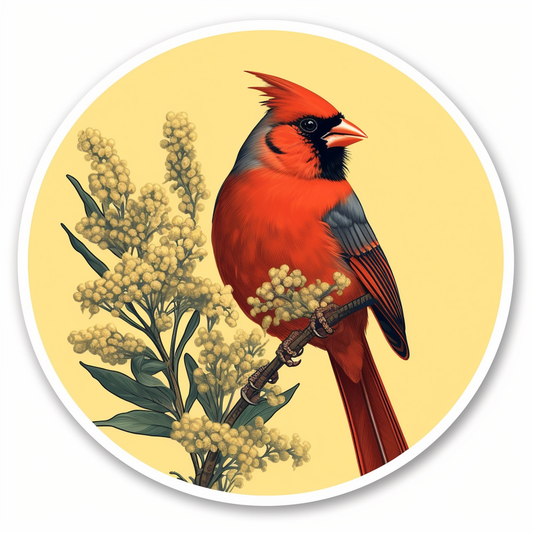 Kentucky Northern Cardinal bird Goldenrod flower  Vinyl Decal Sticker for Car, Laptop, Tumbler and more # 008592