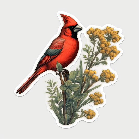 Kentucky Northern Cardinal bird Goldenrod flower  Vinyl Decal Sticker for Car, Laptop, Tumbler and more # 008581