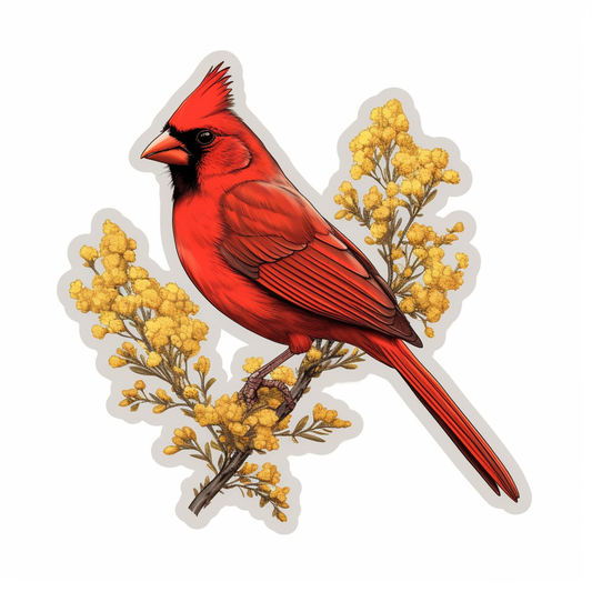 Kentucky Northern Cardinal bird Goldenrod flower  Vinyl Decal Sticker for Car, Laptop, Tumbler and more # 008574