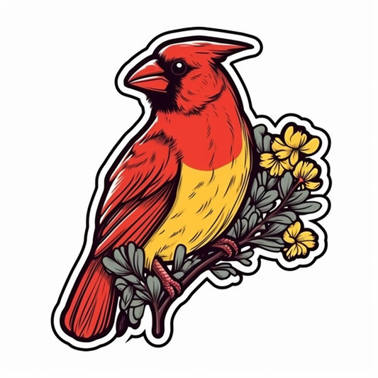 Kentucky Northern Cardinal bird Goldenrod flower  Vinyl Decal Sticker for Car, Laptop, Tumbler and more # 008573
