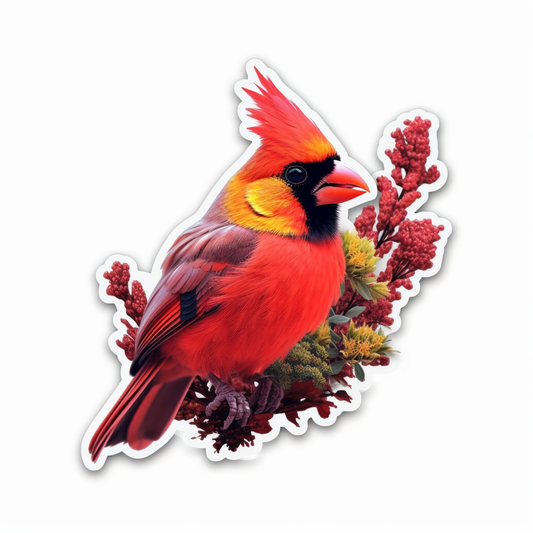 Kentucky Northern Cardinal bird Goldenrod flower  Vinyl Decal Sticker for Car, Laptop, Tumbler and more # 008589