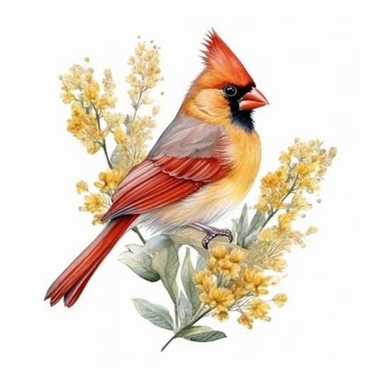Kentucky Northern Cardinal bird Goldenrod flower  Vinyl Decal Sticker for Car, Laptop, Tumbler and more # 008591