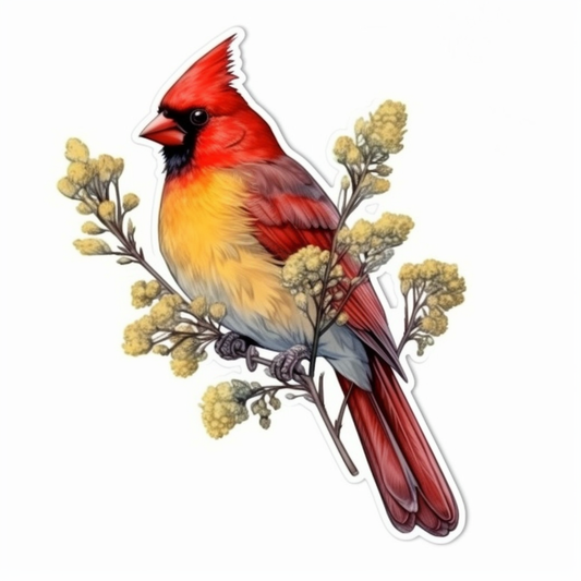 Kentucky Northern Cardinal bird Goldenrod flower  Vinyl Decal Sticker for Car, Laptop, Tumbler and more # 008587