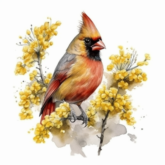 Kentucky Northern Cardinal bird Goldenrod flower  Vinyl Decal Sticker for Car, Laptop, Tumbler and more # 008590
