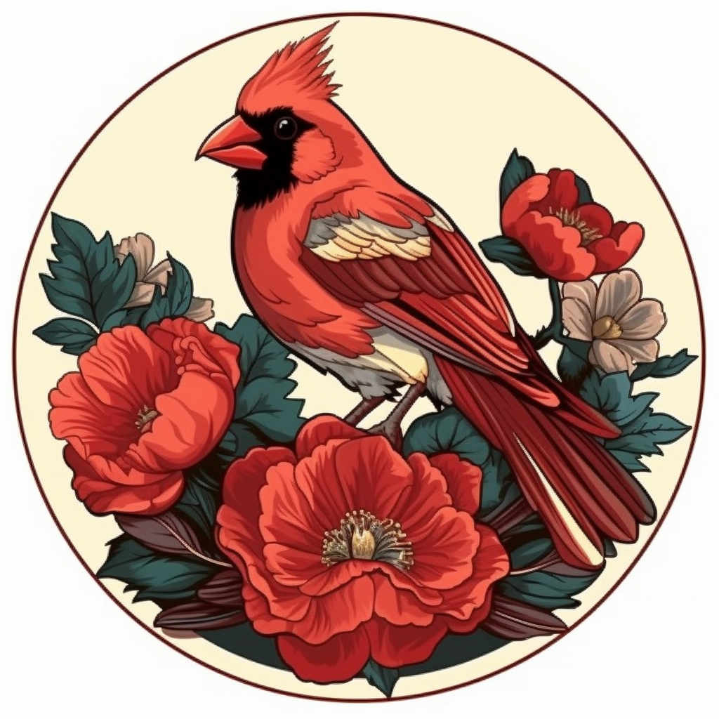 Indiana Northern Cardinal bird Peony flower  Vinyl Decal Sticker for Car, Laptop, Tumbler and more # 008492