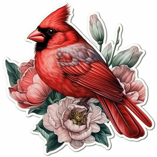 Indiana Northern Cardinal bird Peony flower  Vinyl Decal Sticker for Car, Laptop, Tumbler and more # 008495