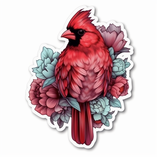 Indiana Northern Cardinal bird Peony flower  Vinyl Decal Sticker for Car, Laptop, Tumbler and more # 008480