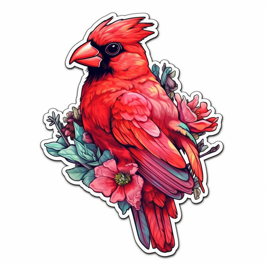 Indiana Northern Cardinal bird Peony flower  Vinyl Decal Sticker for Car, Laptop, Tumbler and more # 008523
