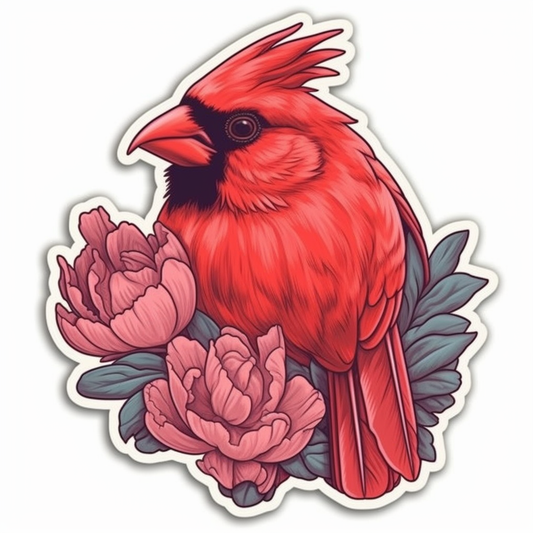 Indiana Northern Cardinal bird Peony flower  Vinyl Decal Sticker for Car, Laptop, Tumbler and more # 008510