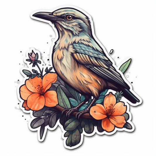 Florida Northern Mockingbird bird Orange Blossom flower  Vinyl Decal Sticker for Car, Laptop, Tumbler and more # 008396