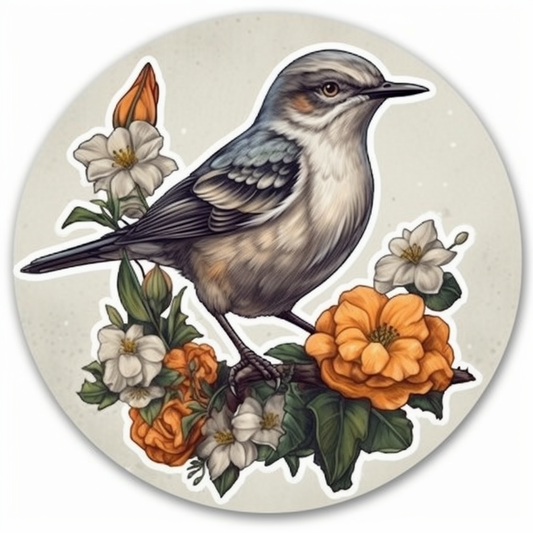 Florida Northern Mockingbird bird Orange Blossom flower  Vinyl Decal Sticker for Car, Laptop, Tumbler and more # 008395