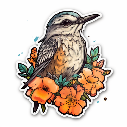 Florida Northern Mockingbird bird Orange Blossom flower  Vinyl Decal Sticker for Car, Laptop, Tumbler and more # 008412
