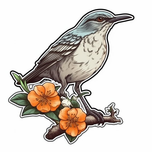 Florida Northern Mockingbird bird Orange Blossom flower  Vinyl Decal Sticker for Car, Laptop, Tumbler and more # 008403