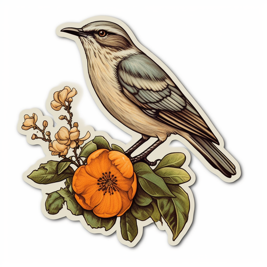 Florida Northern Mockingbird bird Orange Blossom flower  Vinyl Decal Sticker for Car, Laptop, Tumbler and more # 008415
